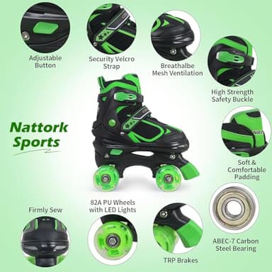 Kids Roller Skates for Boys - Green for Big Kids Age 7 8 9 10 - Adjustable All Light up Wheels Indoor Outdoor Sports Birthday Gift for Son and Grandson - Image 2