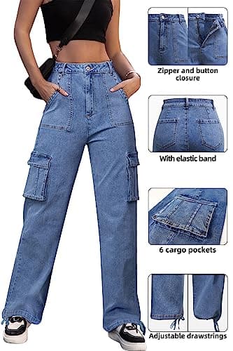 ZMPSIISA Women High Waisted Cargo Jeans Pants Wide Leg Casual Denim 6 Pockets Combat Military Trousers(Denim Blue,Large) - Image 4