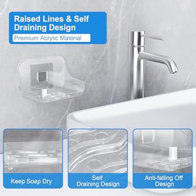 FEPTUASE Acrylic Soap Dish, 2 Pcs Clear Self Draining Soap Holder, No Drilling, No Tool, Universal and Aesthetics, Waterproof, Plastic Soap Saver - Bathroom Kitchen Organizer - Image 3