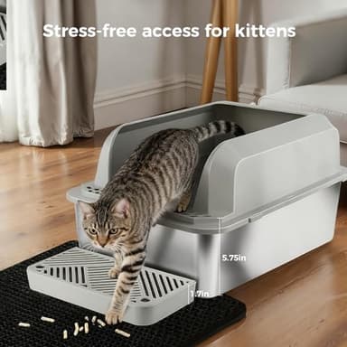 GTPLAYER Stainless Steel Litter Box, Metal XL Extra Large Litter Boxes with Lid High Sided for Big Cats and Kittens, Leak-Proof, Non-Sticky, Include Cat Step Pedal, Cat Mat and Litter Scoop - Image 5