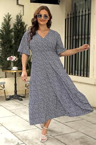 Keluummi Plus Size Summer Wedding Guest Maxi Dresses for Curvy Women, Casual Floral 3/4 Sleeve Emipre Waist V Neck Long Dress(22 Plus, 01 - Navy Blue Floral) - Image 5