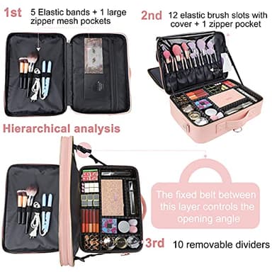 JOURMON Travel Makeup Case Portable Makeup Train Case Organizer Cosmetic Bag with Adjustable Dividers and Shoulder Strap for Makeup Brushes Toiletry Travel Accessories(Pink, L) - Image 2