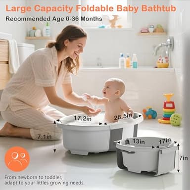 Collapsible Baby Bathtub - Large Baby Bath Tub with Thermometer & Cushion | Travel Portable Newborn Infant Bathtub | Foldable Toddler Bathtub for Baby 0 to 36 Months (Grey) - Image 2