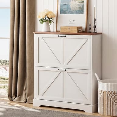 Shoe Cabinet, Shoe Storage Cabinet for Entryway with 2 Flip Drawers, Narrow Farmhouse Shoe Organizer Cabinet, Slim Shoe Rack Cabinet, White - Image 7