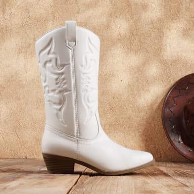DREAM PAIRS Women's Cowboy Boots Pull On Cowgirl Boots Mid Calf Western Boots, Available in Regular and Wide Calf,Size 9,White,SDMB2218W - Image 2