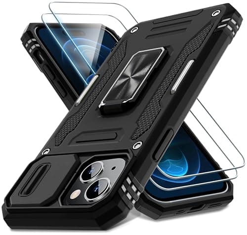 DEERLAMN Case for iPhone 15 with Slide Camera Cover + Screen Protector (2 Packs), Rotated Ring Kickstand Military Grade Shockproof Protective Cover-Black - Image 1