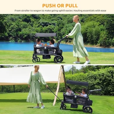 ELEMARA Foldable Stroller Wagon for 2 Kids, Premium All Terrain Wagon for Kids, Cart w/Removable Canopy, Adjustable Push/Pull Handle, Harnesses, Large Storage Bag, Black - Image 3
