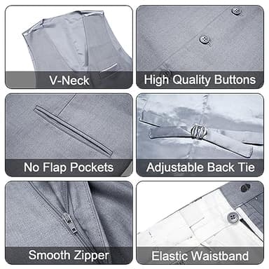 MAGE MALE Men's 3 Pieces Suit Elegant Solid One Button Slim Fit Single Breasted Party Blazer Vest Pants Set Light Grey - Image 5