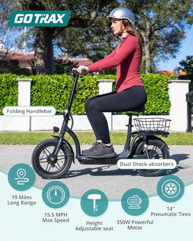 Gotrax Astro Electric Scooter with Seat for Adult Commuter,19 Miles Range&15.5Mph Power by 350W Motor, Folding Scooter with 14" Pneumatic Tire& Comfortable Wider Deck, E-Bike with Carry Basket Black - Image 2