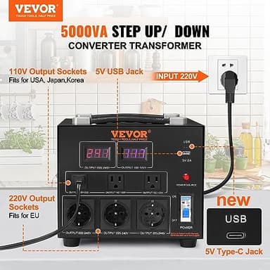 VEVOR Voltage Converter Transformer, 5000W, Heavy Duty Step Up/Down Transformer, Convert from 110 Volt to 220 Volt and from 220 Volt to 110 Volt, with US Outlet EU Outlet 5V USB Port, CE Certified - Image 2