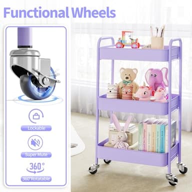 TOOLF 3-Tier Metal Rolling Cart with Wheels, Storage Utility Organizer Cart for Kitchen, Bathroom, Office, Baby Essentials & Makeup - Lockable Casters, Easy Assembly, Large Capacity, Purple - Image 5