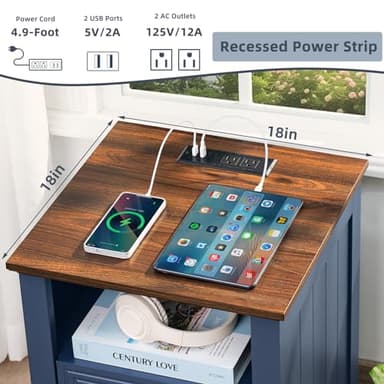 Joaxswe 18" Farmhouse Night Stands Set of 2 with Charging Station, 2 Drawers End Table Dresser for Bedroom, Blue Wooden Nightstand, Bed Side Table with Open Shelf, Bedside Cabinet for Living Room - Image 3