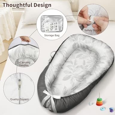 Baby Lounger - Babies Nest for Newborn, Breathable & Soft Organic Cotton Lounger, Portable Baby Lounger for Home & Travel, Ideal Newborn Essentials, Grey Leaves - Image 7