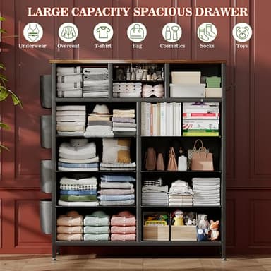 Lulive Dresser for Bedroom with 12 Drawers, Tall Dresser Chest of Drawers with Side Pockets and Hooks, Fabric Dresser Storage Tower for Closet, Hallway, Living Room (Rustic Brown) - Image 5