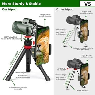 40X60 Monocular Telescope with Smartphone Holder& Tripod, High Power Nitrogen-Filled Monocular for Adults with BAK4 Prism & FMC Lens, HD Monocular Scope for Birdwatching Hiking Concert Travelling - Image 3