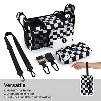 TOPDesign Universal Baby Stroller Organizer, Stroller Caddy with Heightened Insulated Cup Holders & Non-Slip Secure Hooks Accessories, Fits Most Strollers, Machine Washable (Checkerboard) - Image 2