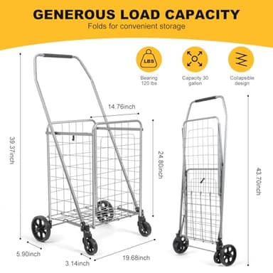 Shopping Cart with 360° Rolling Swivel Wheels, Portable Utility Cart for Grocery, Folding Shopping Cart with Waterproof Basket Liner, Collapsible Cart 120lbs, Sliver - Image 5