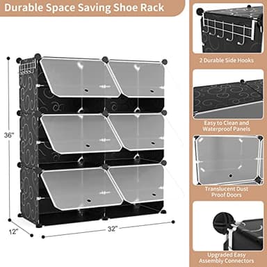 ROJASOP Portable Shoe Rack Organizer 6-Tier Shoe Cabinet 24-Pair shoe Storage Expandable Free Standing Stackable Space Shoe Rack with 2 exclusive Versatile Hooks for Bedroom Black - Image 3