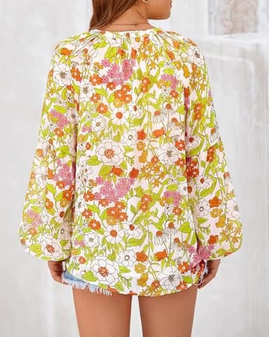 BTFBM Blouses for Women Dressy Casual Floral Boho Tops Trendy V Neck Lightweight Long Sleeve Shirts Fall Clothes 2025(Floral Yellow, Large) - Image 3