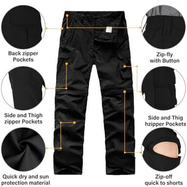 linlon Kids' Cargo Pants, Boy's Casual Outdoor Quick Dry Waterproof Hiking Climbing Convertible Trousers #9016-Black-L - Image 3