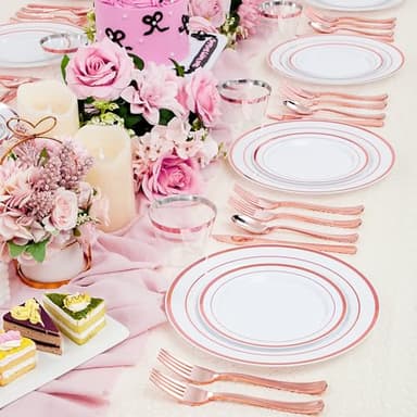 WELLIFE 600 PCS Rose Gold Disposable Dinnerware Set for 100 Guests, Valentine's Day Plate, 100 Each-Dinner & Salad Plates, Cups, Forks Knives Spoons for Wedding Reception and Mothers Day Plates - Image 2
