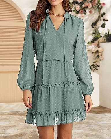 BTFBM Long Sleeve Fall Dresses for Women 2025 Summer Casual Tie Neck Ruffle Tiered A Line Wedding Guest Short Mini Dress(Dot Green, Medium) - Image 2