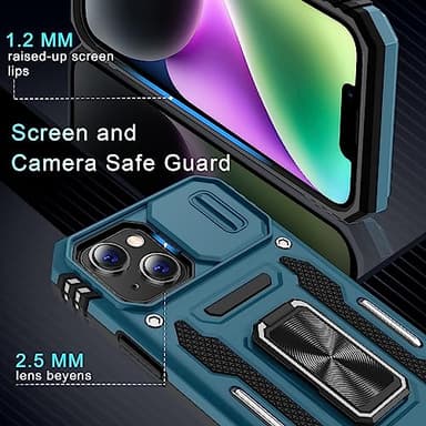 DEERLAMN Case for iPhone 13/iPhone 14 6.1-Inch with Slide Camera Cover+Screen Protector(2 Packs),Rotated Ring Kickstand Military Grade Shockproof Protective Cover-Light Blue - Image 6