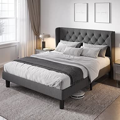 Allewie Queen Size Bed Frame with Button Tufted Wingback Headboard, Upholstered Platform Bed with Wooden Slats Support - No Box Spring Needed, Noise-Free, Easy Assembly, Dark Grey - Image 1