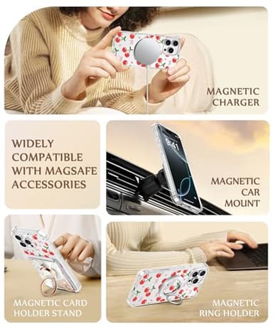 GVIEWIN Magnetic for iPhone 16 Pro Max Case Compatible with MagSafe,[Camera Control Capture Button][Mil-Grade Protection][Screen & Lens Protectors] Slim Clear Floral Phone Case 6.9", Rosy Cherry/Red - Image 3