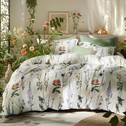 Bedsure Comforter Set Queen Size - Cute Floral Bedding Comforter Set, 3 Pieces, 1 Soft Reversible Coconut White Botanical Flowers Comforter and 2 Pillow Shams - Image 1
