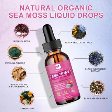 B BEWORTHS Sea Moss Liquid Drops - Organic Black Seed Oil Irish Sea Moss Gel with Burdock Root, Bladderwrack, Elderberry, Vitamin C, D3, 6X Stronger Seamoss Gel for Digestive, Hair Health - Vegan - Image 2