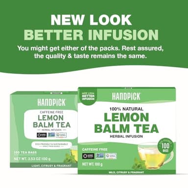 HANDPICK Lemon Balm Tea Bags – 100 Count | 100% Pure & Naturally Dried | Caffeine-Free Herbal Tea with Citrus Flavor & Aroma | Premium Lemon Balm Leaf for Calming and Digestion Support - Image 3