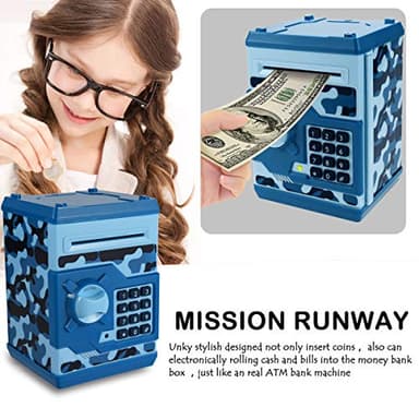 Qwifyu Piggy Bank for Boys Girls, 4 5 6 7 8 9 10 Year Old Girl Boy Birthday Gift Ideas, Electronic Password Money Saving Box ATM, Great Gift Safe Bank Toys for Kids (Camouflage Blue) - Image 3
