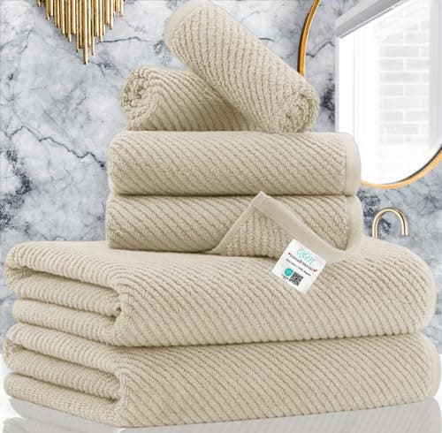 VOOVA & MOVAS Bath Towel Sets - 100% Cotton | Quick Dry | Light Weight | Thick | Soft, Beige Towels Set of 6, 2 Large Bath 30" x 56", 2 Hand 18" x 28", 2 Washcloths 13" x 13", Tan Towel Gift Set - Image 1