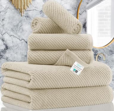 VOOVA & MOVAS Bath Towel Sets - 100% Cotton | Quick Dry | Light Weight | Thick | Soft, Beige Towels Set of 6, 2 Large Bath 30" x 56", 2 Hand 18" x 28", 2 Washcloths 13" x 13", Tan Towel Gift Set - Image 1