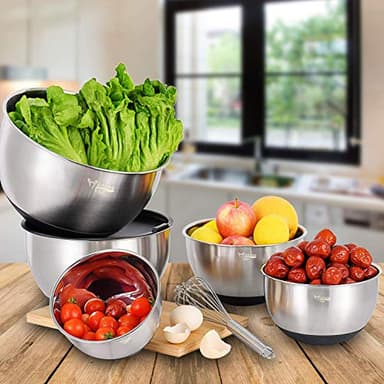 Wildone Mixing Bowls with Airtight Lids Set, 5PCS Stainless Steel Nesting Bowls for Kitchen, with Grater Attachments & Non-Slip Bottoms, Size 5, 3, 2, 1.5, 0.63 QT, Great for Mixing & Serving - Image 6