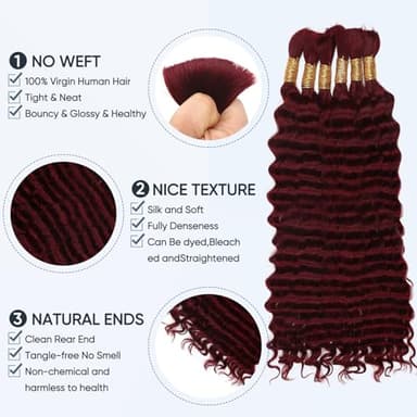 99j Burgundy Human Braiding Hair for Boho Braids,150g 22 inch 6 Bundles Burgundy Deep water Wave Bulk Boho Curly Human Hair for Braiding,Wine red No Weft Wet and Wavy Braiding Hair Extensions - Image 2