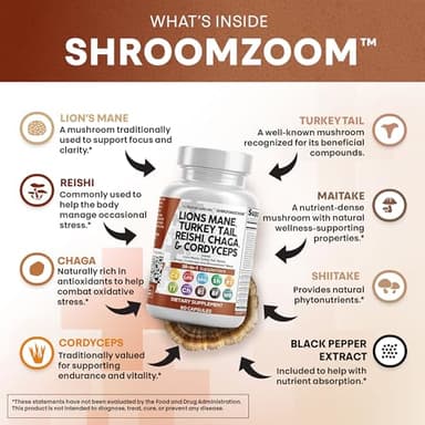 Clean Nutraceuticals Lions Mane 20in1 Mushroom Supplement with Turkey Tail Reishi Cordyceps Chaga Maitake Meshima Poria Cocos Shiitake Oyster Porcini Enoki - 1 Pack - Image 3