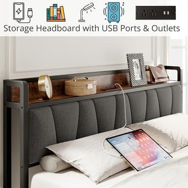 LIKIMIO King Size Bed Frame, Storage Headboard with Charging Station, Solid and Stable, Noise Free, No Box Spring Needed, Easy Assembly - Image 3