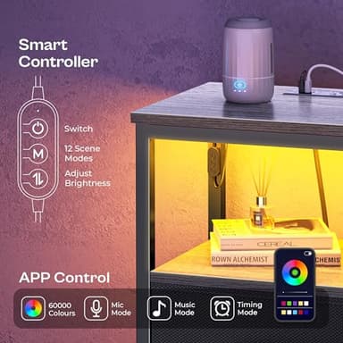 Huuger Night Stand with Charger Station and LED Lights, 2 Drawer Nightstand, Bed Side Table with Open Shelf, End Table, Fabric Dresser for Bedroom, Grey - Image 5