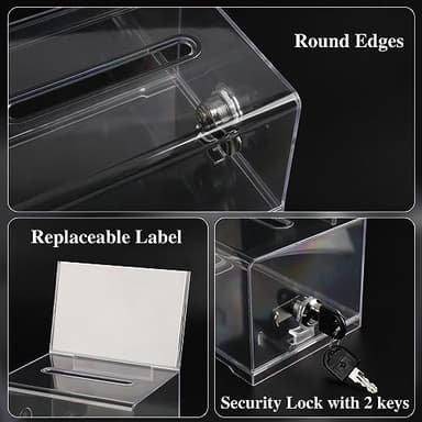 VOISEN Clear Donation Box with Lock,2 Pack Ballot Box with Sign Holder,Suggestion Box for Fundraising, Voting Box with Slot for School,Conference 6.2x4.6x3.9 Inch - Image 3