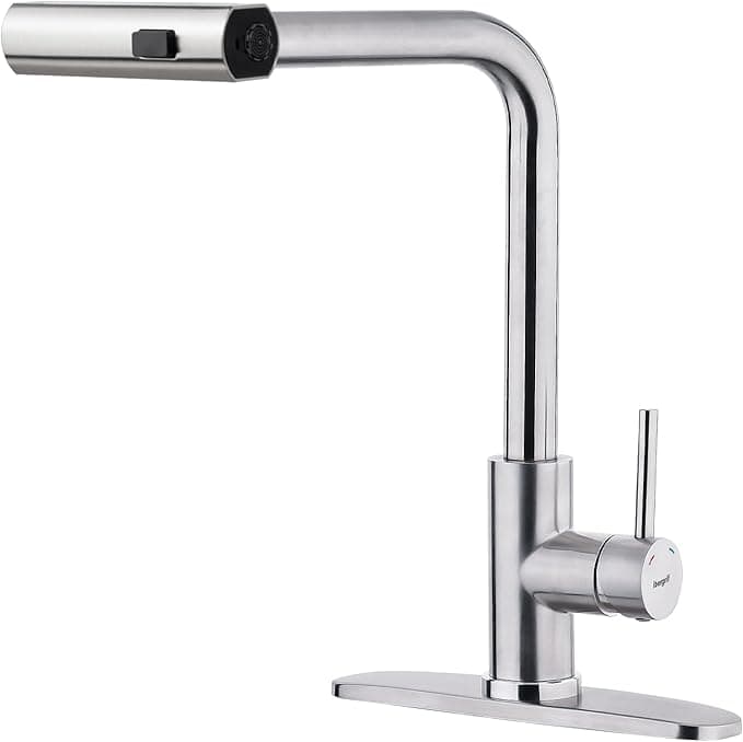 Ibergrif Waterfall Kitchen Faucet with Pull Down Sprayer, Kitchen Sink Faucet 3 Water Outlet Modes, Single Handle, Brushed Nickel, 360° Swivel, Stainless Steel Kitchen Faucets for RV, Bar, Farmhouse - Image 1