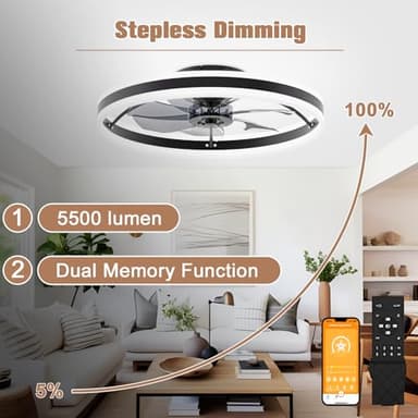 VOLISUN Low Profile Ceiling Fans with Lights and Remote, 23.6in Flush Mount Ceiling Fans with Light, 3000K-6500K Dimmable Fandelier LED Fan Light, Black Bladeless Ceiling Fans with Lights for Bedroom - Image 3