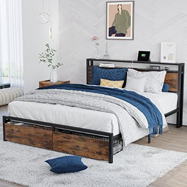 LIKIMIO Queen Bed Frame with Storage Headboard, Platform Bed with Drawers and Charging Station, No Box Spring Needed, Easy Assembly, Vintage Brown - Image 4