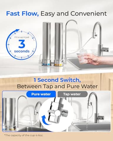 [Silver ions] Waterdrop Dual-Stage Countertop Water Filter System, Reduce Chlorine, PFOA/PFOS, Bad Taste & Odor, Silver Ions Enhanced Filtration, Stainless Steel, WD-CTF-09(2 Filter) - Image 7