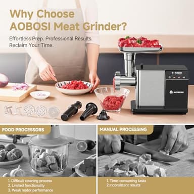 AAOBOSI Meat Grinder Electric 3000W Max with Touch Color Screen, Auto-Reverse & Built-in Storage - 3 Speed Settings,Grinding, Sausage & Kibbe Making for Home Use, Stainless Steel - Image 6