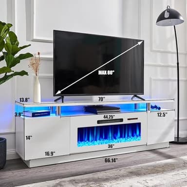 AMERLIFE Fireplace TV Stand with 36" Fireplace, 70" Modern High Gloss Fireplace Entertainment Center LED Lights, 2 Tier TV Console Cabinet for TVs Up to 80", White & White - Image 3