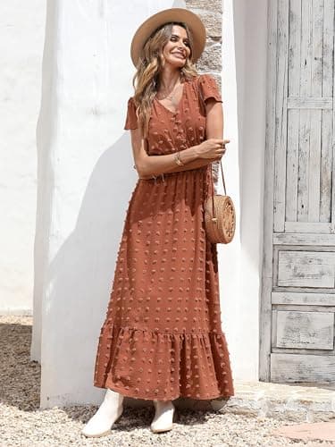 PRETTYGARDEN Womens Summer Boho Short Sleeve V Neck Ruffle Tiered Maxi Dress Swiss Dot Smocked A Line Beach Long Dresses(Orange Red,Medium) - Image 2