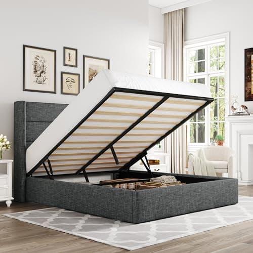 Allewie Queen Size Lift Up Storage Bed, Modern Wingback Headboard, Hydraulic Support, No Box Spring Needed, Dark Grey - Image 1