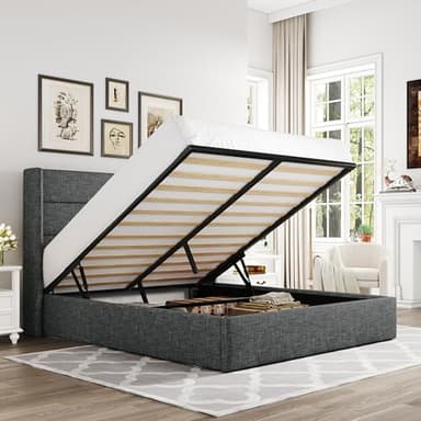Allewie Queen Size Lift Up Storage Bed, Modern Wingback Headboard, Hydraulic Support, No Box Spring Needed, Dark Grey - Image 1